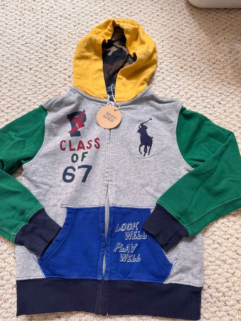 Polo by Ralph Lauren Grey Colorblock Zip Hoodie with Yellow Hood & Green Sleeves
